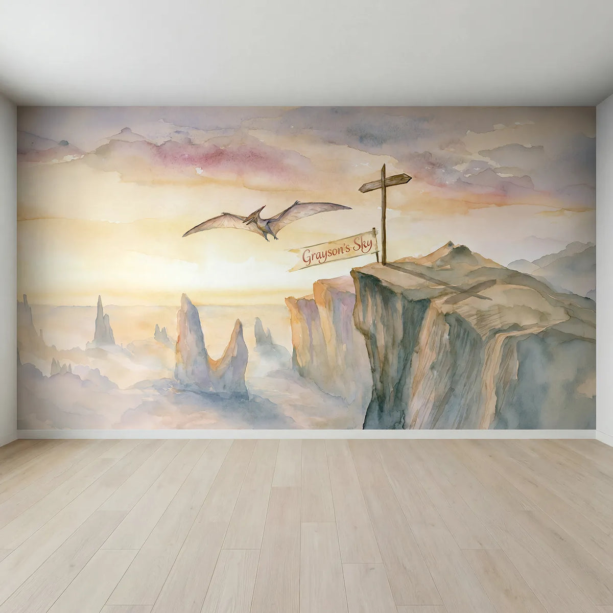 Full view of Pterodactyl Cliff Dawn Personalized Wall Mural by Whimsy Tots