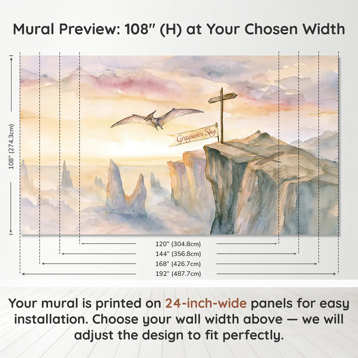 Panel layout and dimensions for Pterodactyl Cliff Dawn Personalized Wall Mural by Whimsy Tots