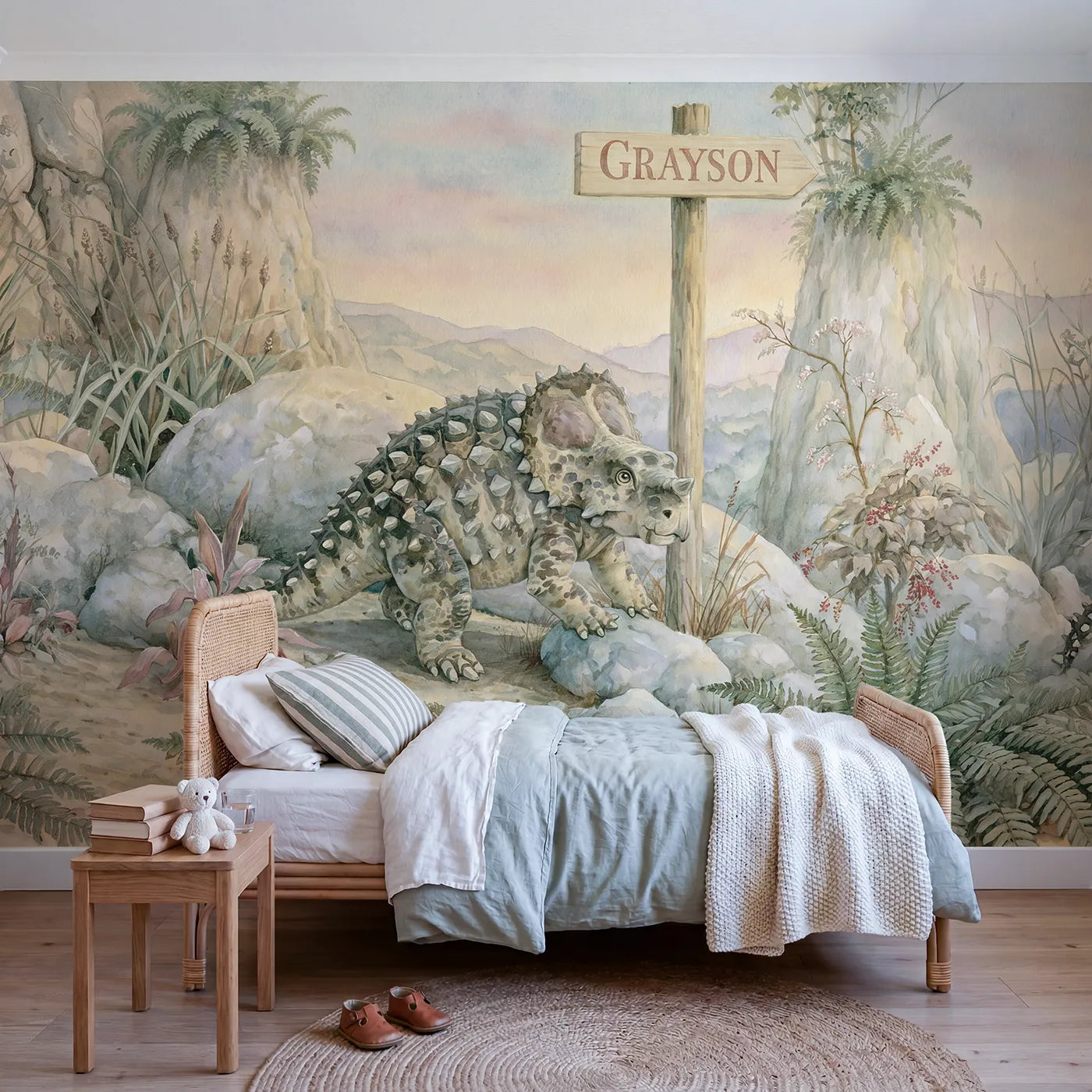 Storybook ankylosaurus personalized wall mural with rocky name signpost for playroom by Whimsy Tots