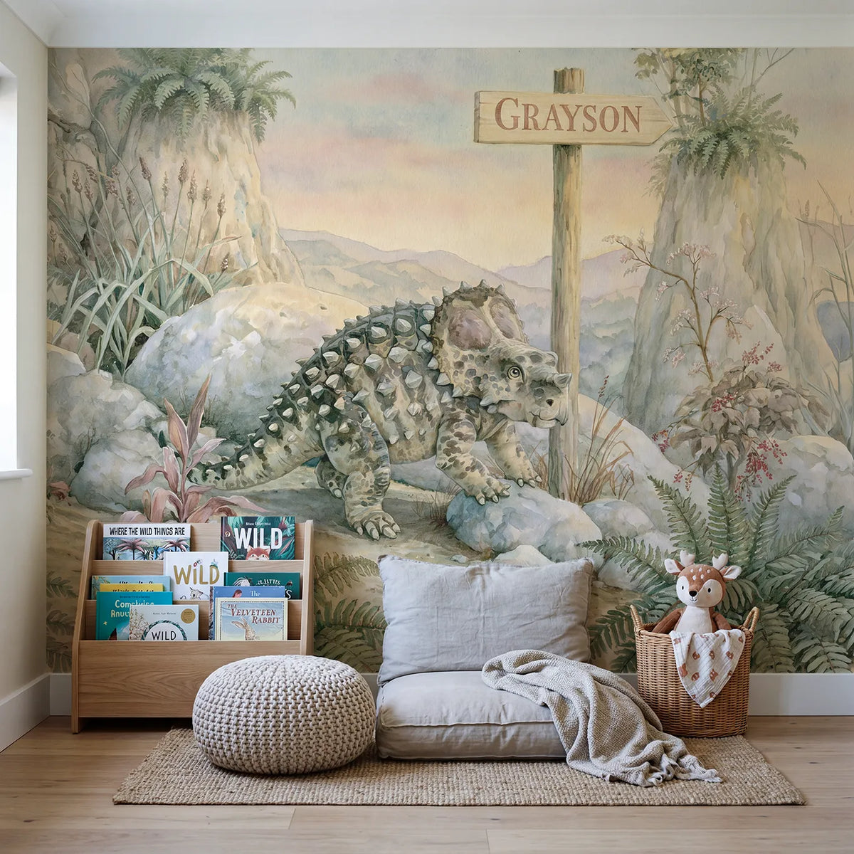 Armored Ankylosaurus Rocks Personalized Wall Mural in playroom setting by Whimsy Tots