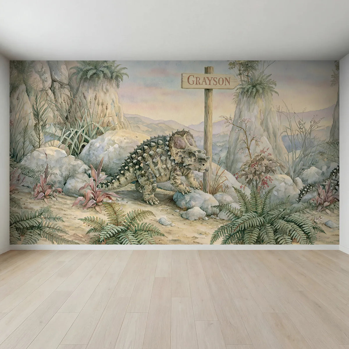Full view of Armored Ankylosaurus Rocks Personalized Wall Mural by Whimsy Tots
