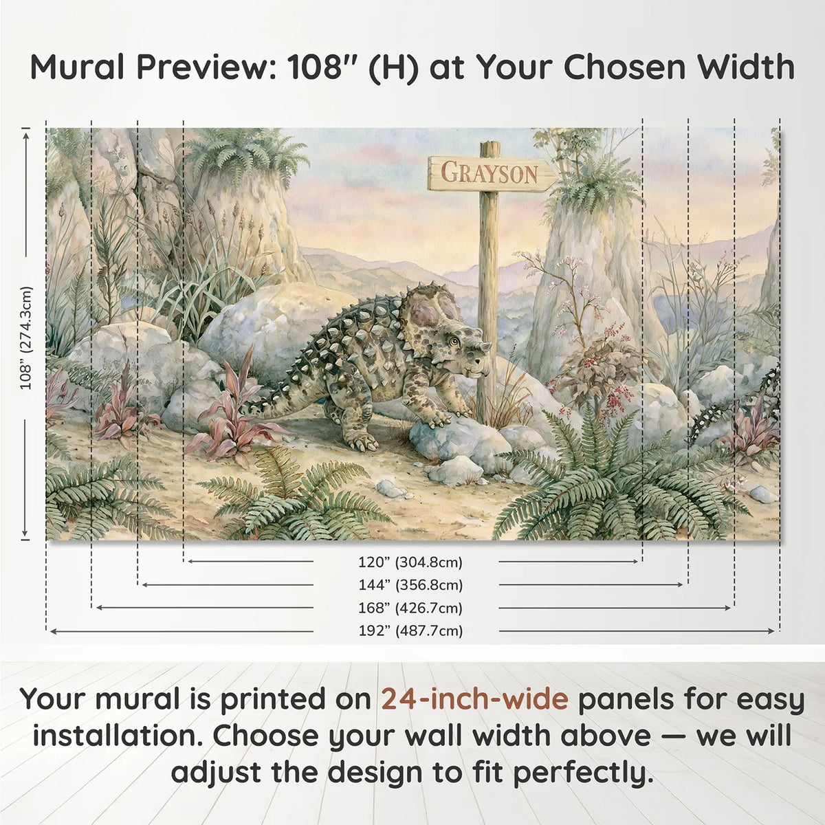 Panel layout and dimensions for Armored Ankylosaurus Rocks Personalized Wall Mural by Whimsy Tots