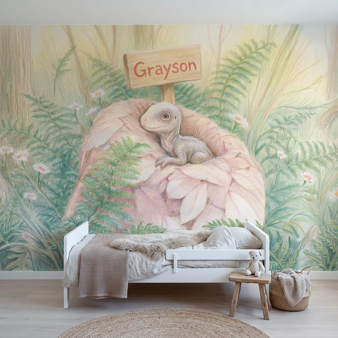 Colored pencil dino hatchling personalized wall mural with name plaque for nursery by Whimsy Tots