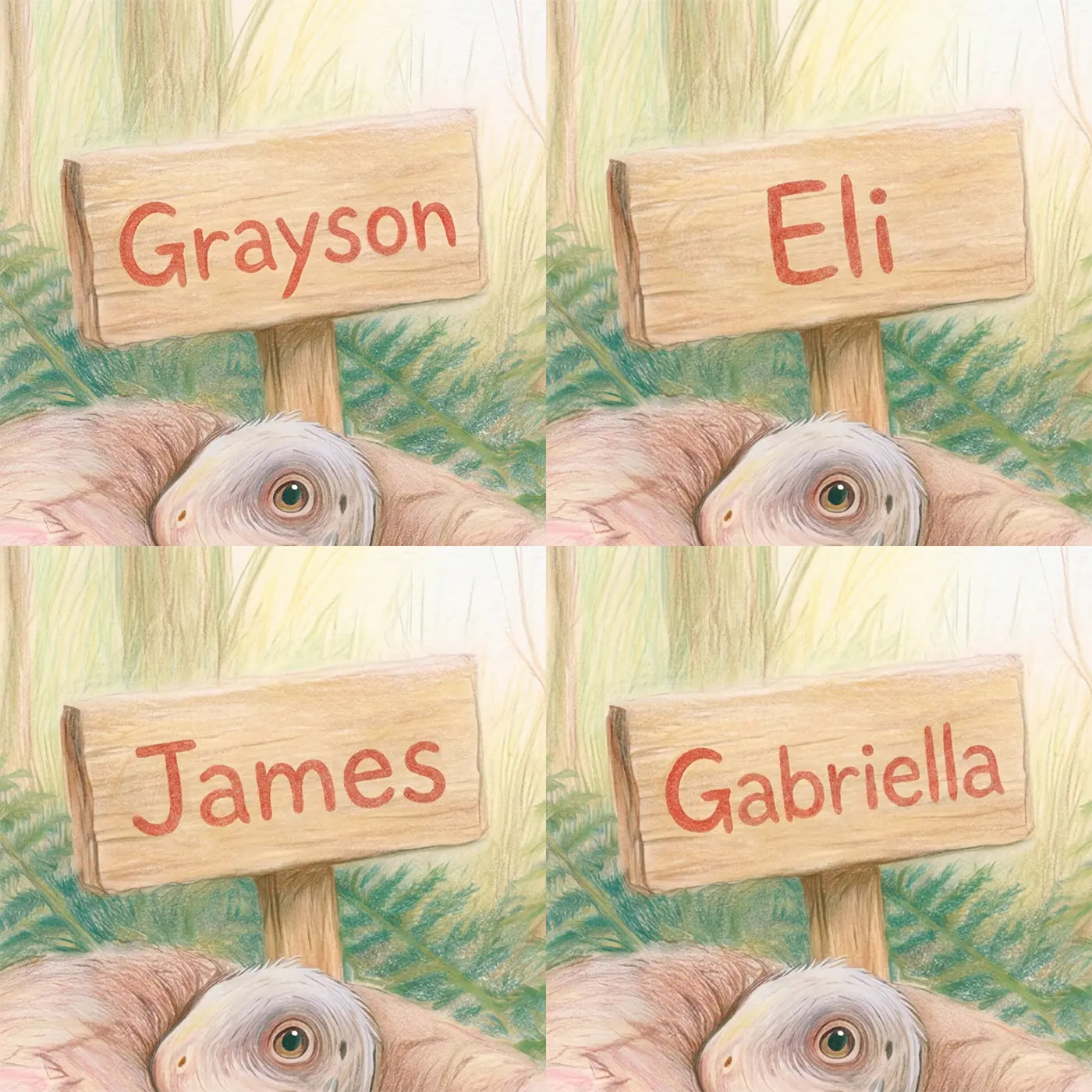 Four name preview examples of Baby Dinosaur Hatchling Personalized Wall Mural by Whimsy Tots