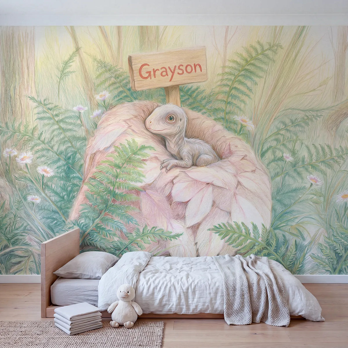 Baby Dinosaur Hatchling Personalized Wall Mural in playroom setting by Whimsy Tots
