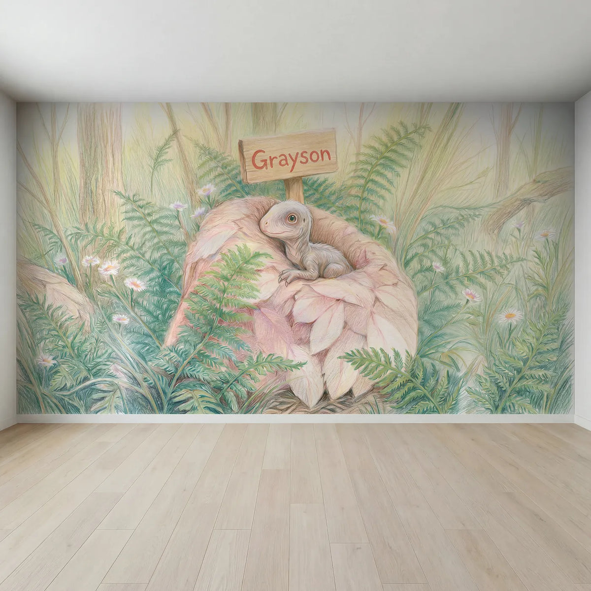 Full view of Baby Dinosaur Hatchling Personalized Wall Mural by Whimsy Tots