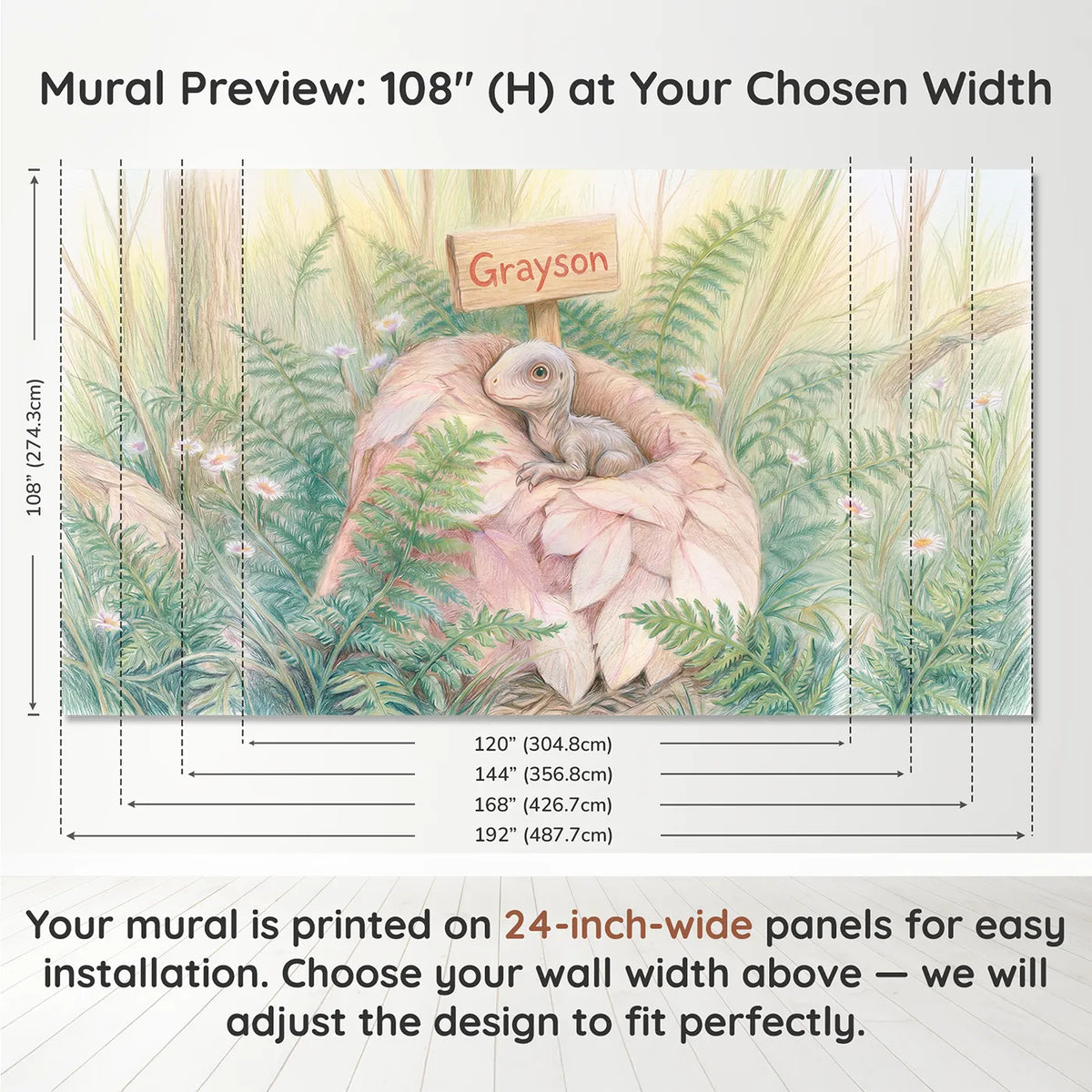 Panel layout and dimensions for Baby Dinosaur Hatchling Personalized Wall Mural by Whimsy Tots