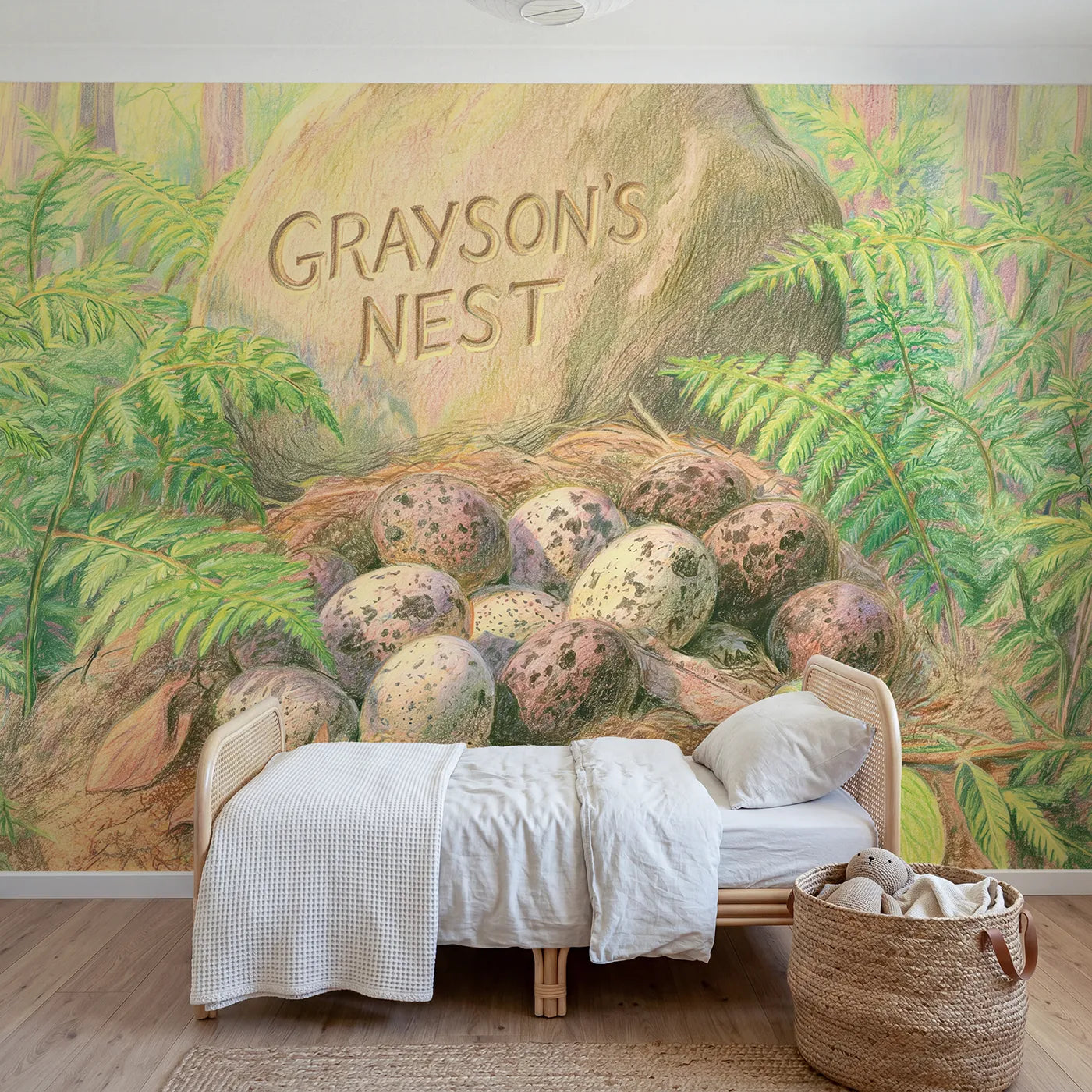 Colored pencil dinosaur eggs personalized wall mural with name boulder for kids room by Whimsy Tots