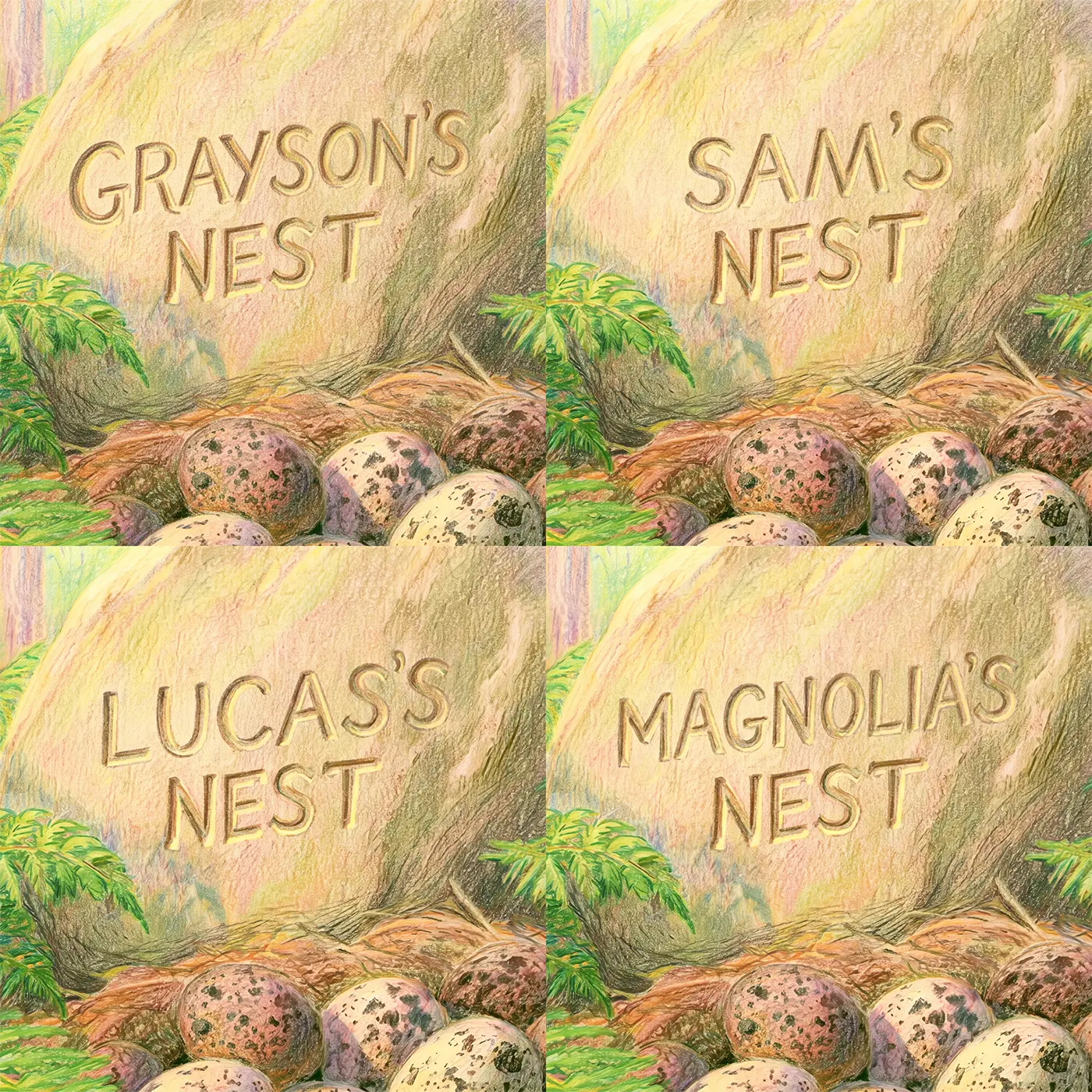 Four name preview examples of Dinosaur Egg Nest Personalized Wall Mural by Whimsy Tots