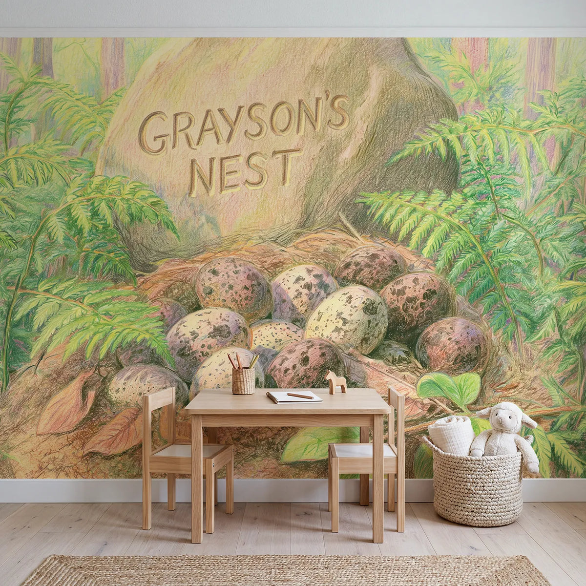 Dinosaur Egg Nest Personalized Wall Mural in playroom setting by Whimsy Tots