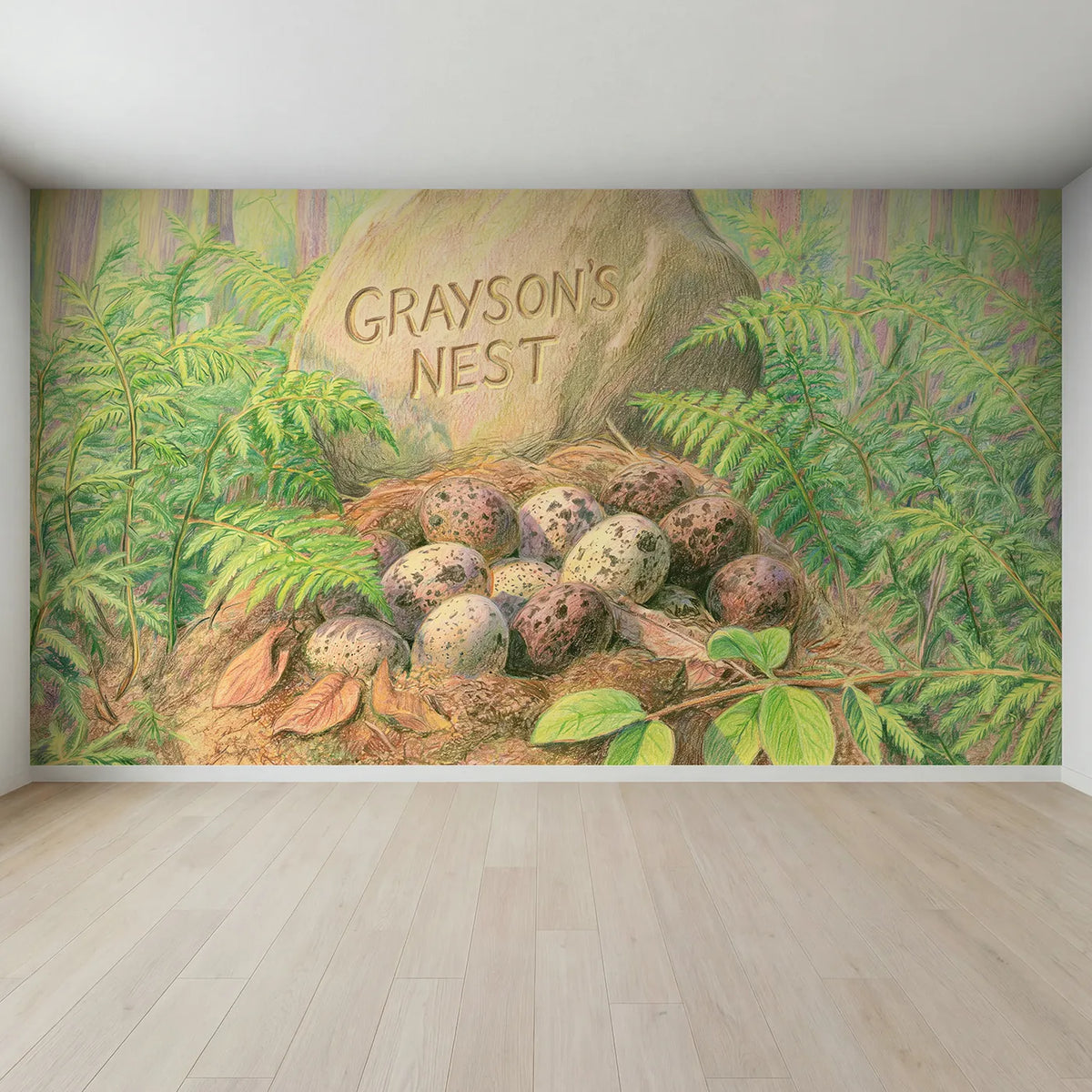 Full view of Dinosaur Egg Nest Personalized Wall Mural by Whimsy Tots