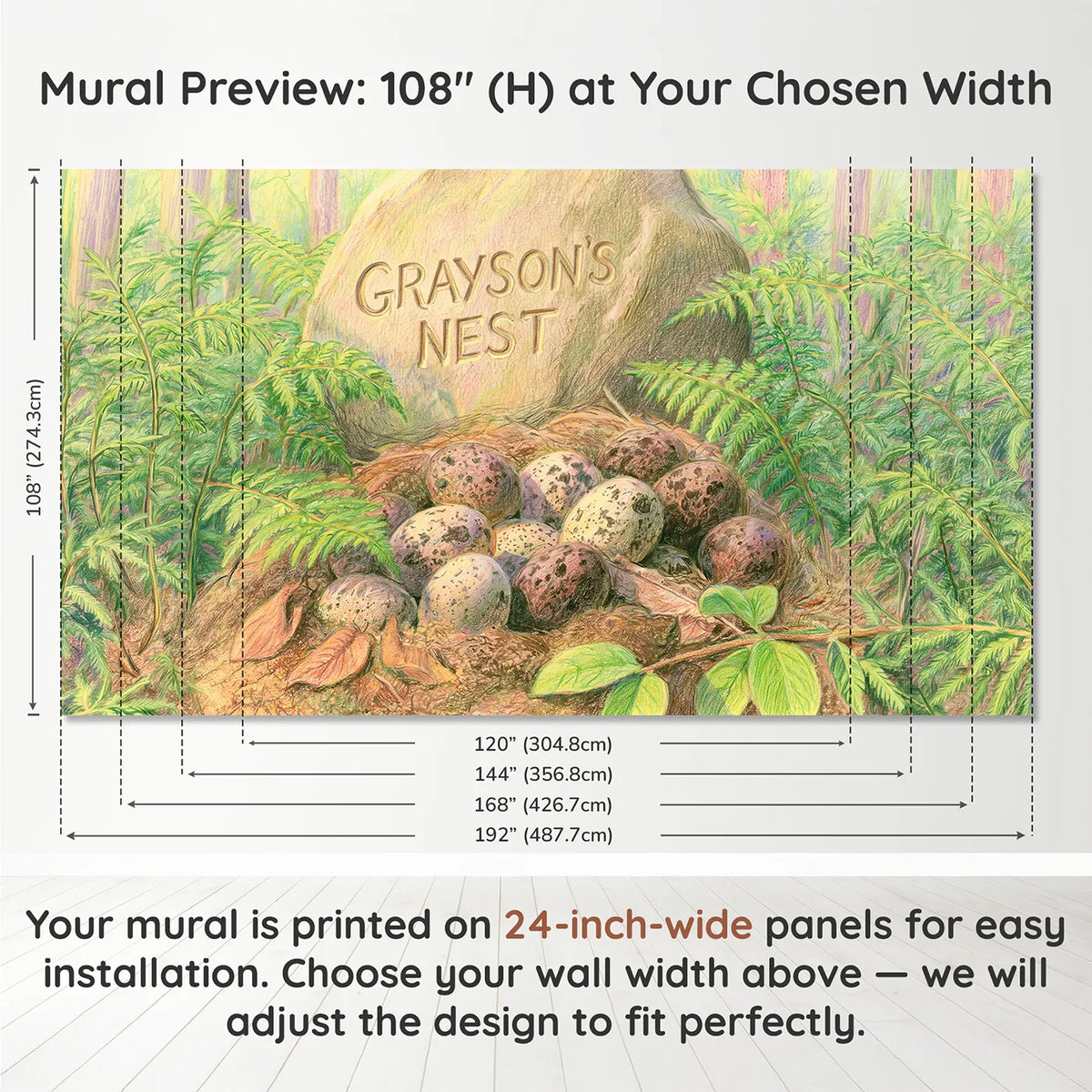 Panel layout and dimensions for Dinosaur Egg Nest Personalized Wall Mural by Whimsy Tots