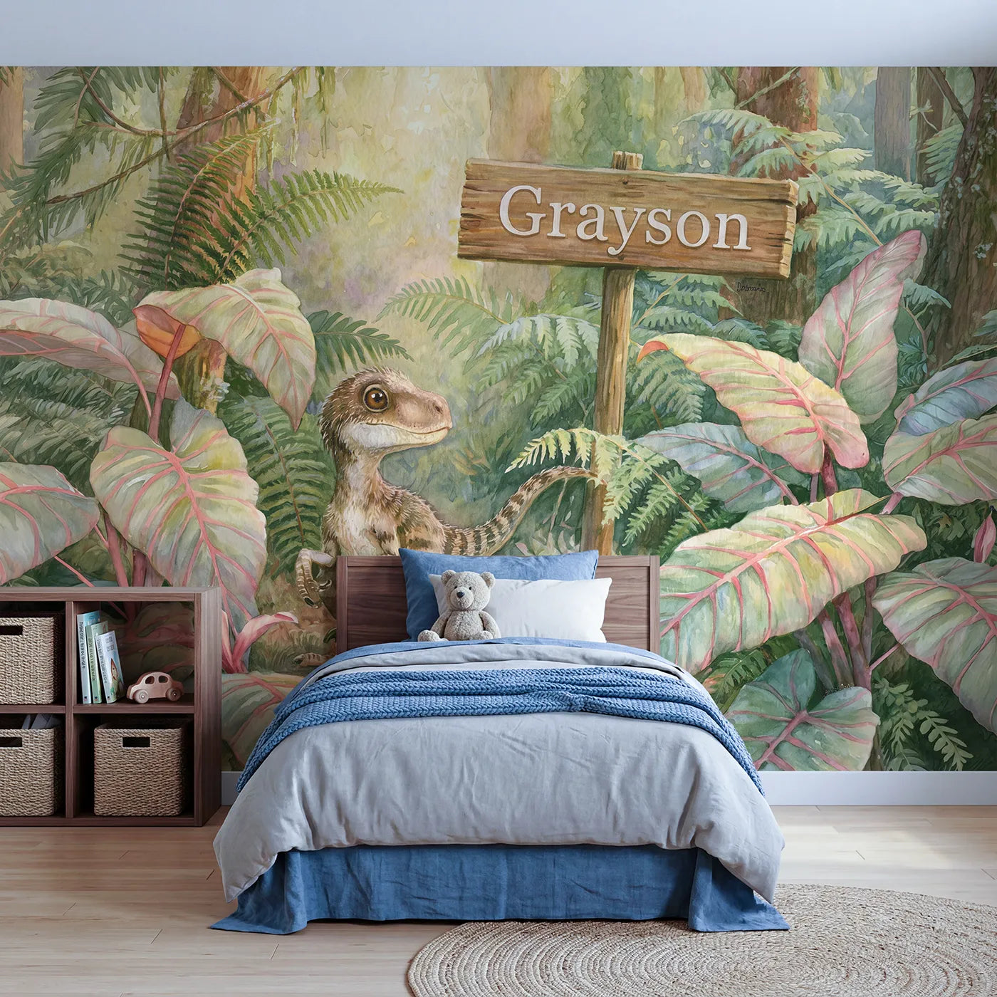 Storybook velociraptor personalized wall mural with name post sign for playroom by Whimsy Tots