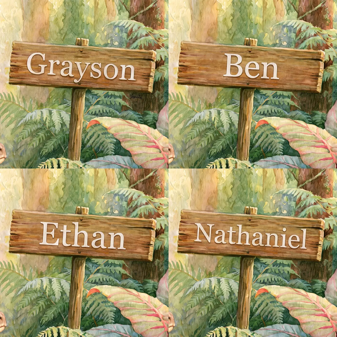 Four name preview examples of Little Velociraptor Jungle Personalized Wall Mural by Whimsy Tots