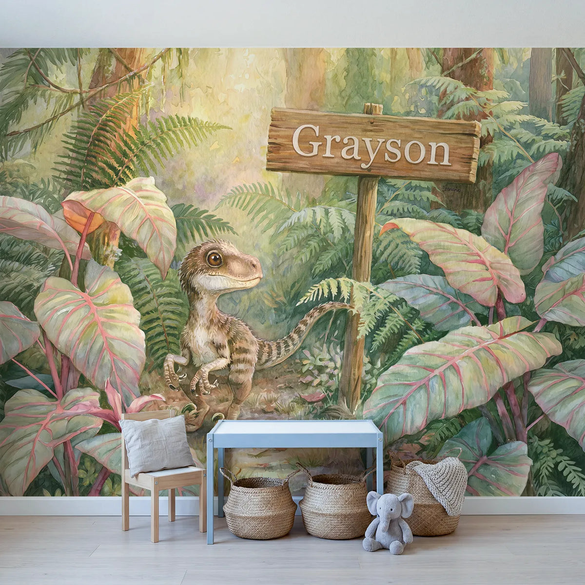 Little Velociraptor Jungle Personalized Wall Mural in playroom setting by Whimsy Tots
