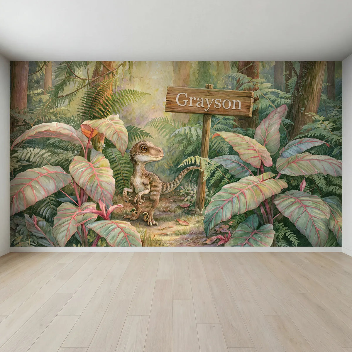 Full view of Little Velociraptor Jungle Personalized Wall Mural by Whimsy Tots