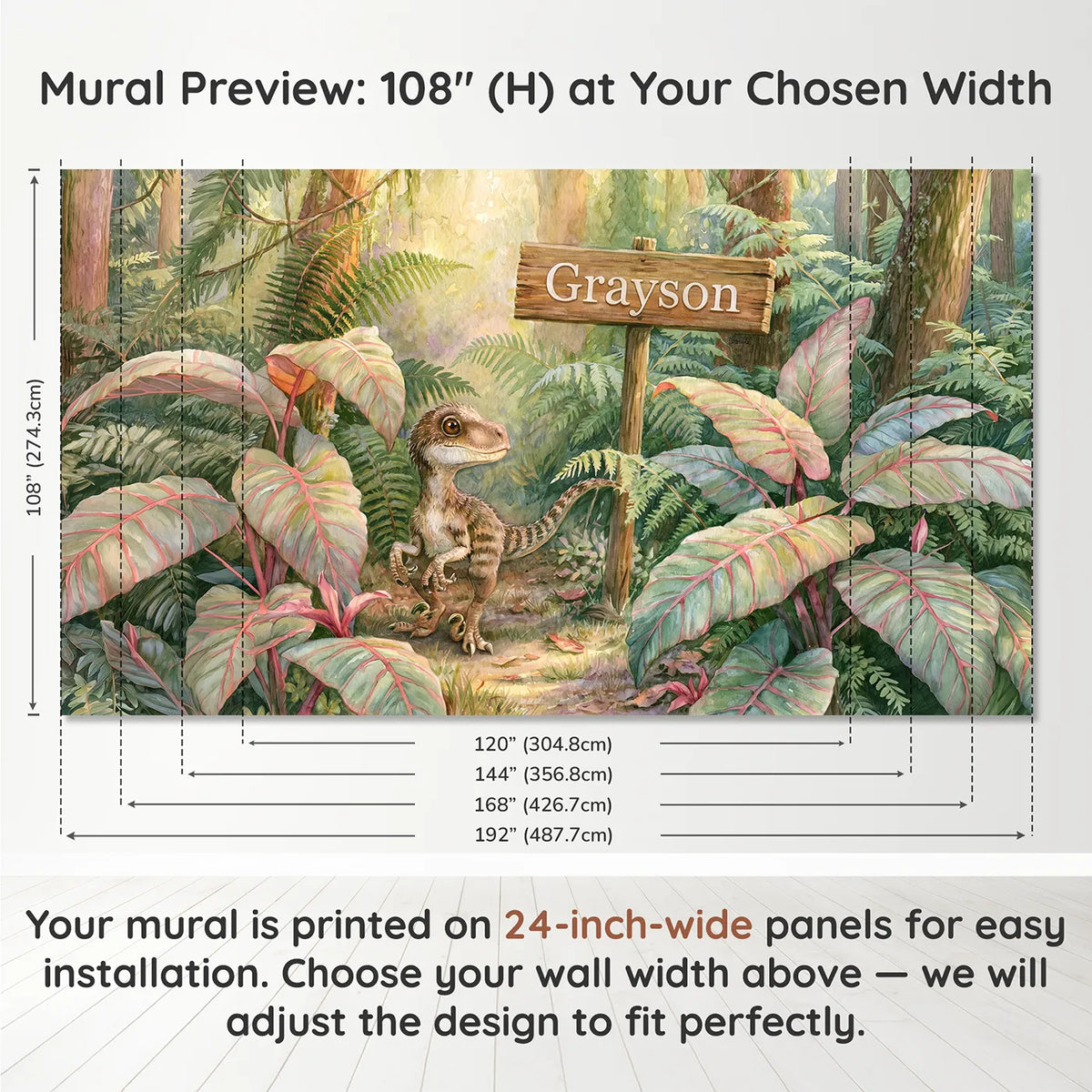 Panel layout and dimensions for Little Velociraptor Jungle Personalized Wall Mural by Whimsy Tots