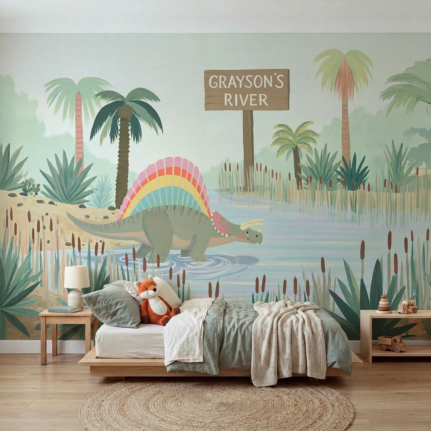 Modern Illustration spinosaurus personalized wall mural with name sign for bedroom by Whimsy Tots