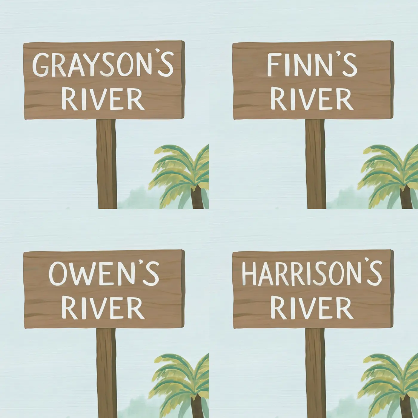 Four name preview examples of Spinosaurus River Dinosaur Personalized Wall Mural by Whimsy Tots
