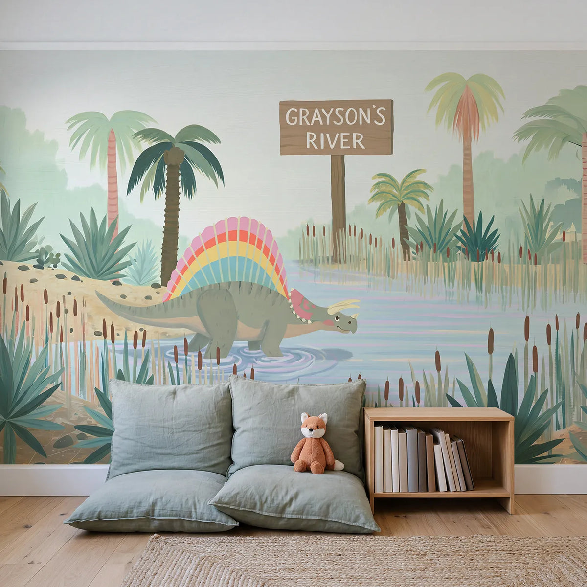 Spinosaurus River Dinosaur Personalized Wall Mural in playroom setting by Whimsy Tots