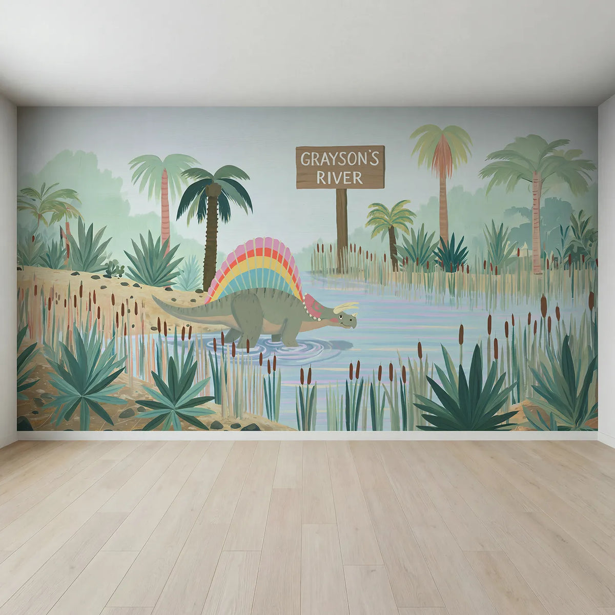 Full view of Spinosaurus River Dinosaur Personalized Wall Mural by Whimsy Tots