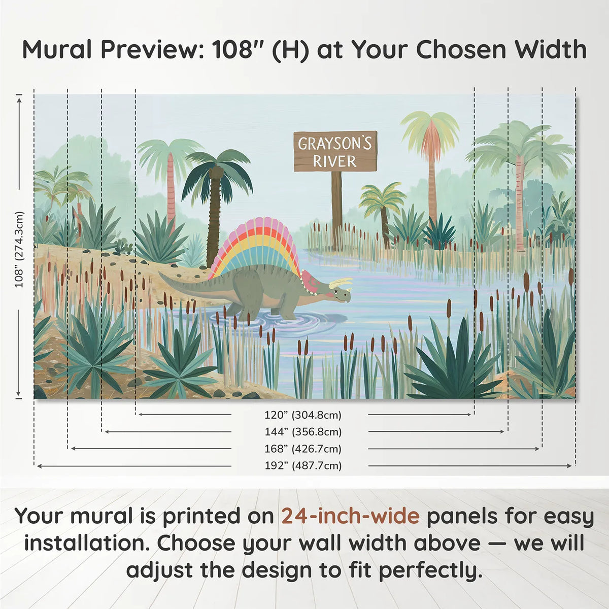 Panel layout and dimensions for Spinosaurus River Dinosaur Personalized Wall Mural by Whimsy Tots