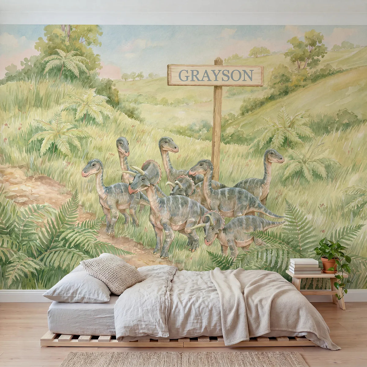 Storybook duckbill herd personalized wall mural with name signpost for kids room by Whimsy Tots