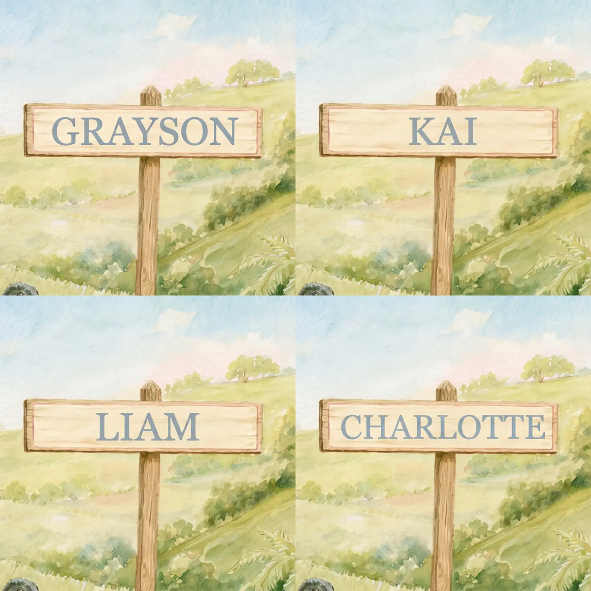 Four name preview examples of Parasaurolophus Herd Meadow Personalized Wall Mural by Whimsy Tots