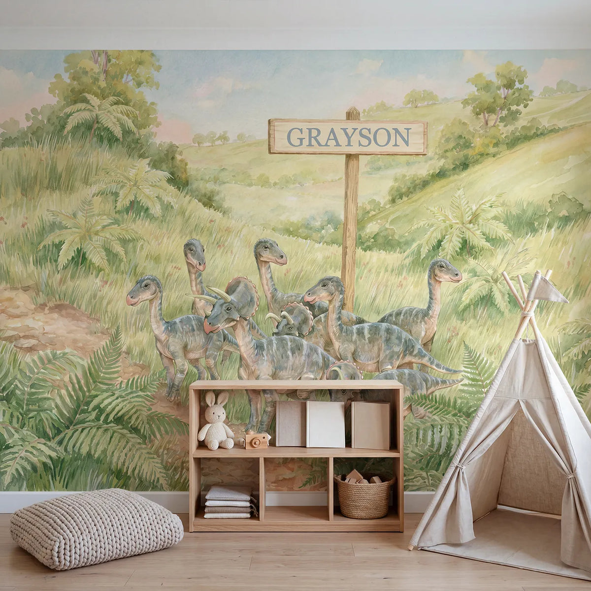 Parasaurolophus Herd Meadow Personalized Wall Mural in playroom setting by Whimsy Tots