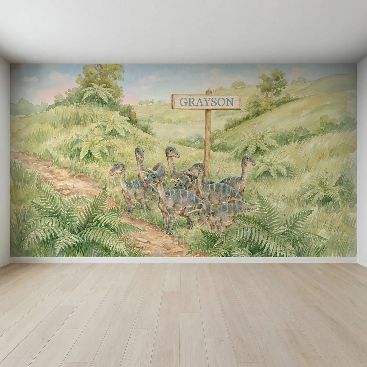 Full view of Parasaurolophus Herd Meadow Personalized Wall Mural by Whimsy Tots