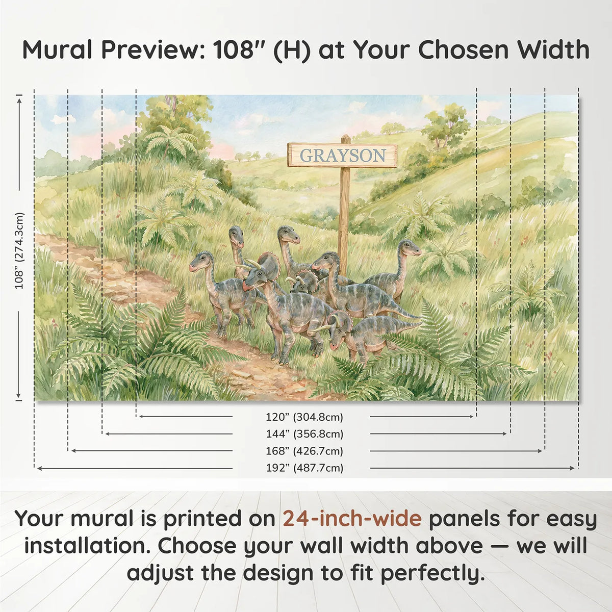 Panel layout and dimensions for Parasaurolophus Herd Meadow Personalized Wall Mural by Whimsy Tots