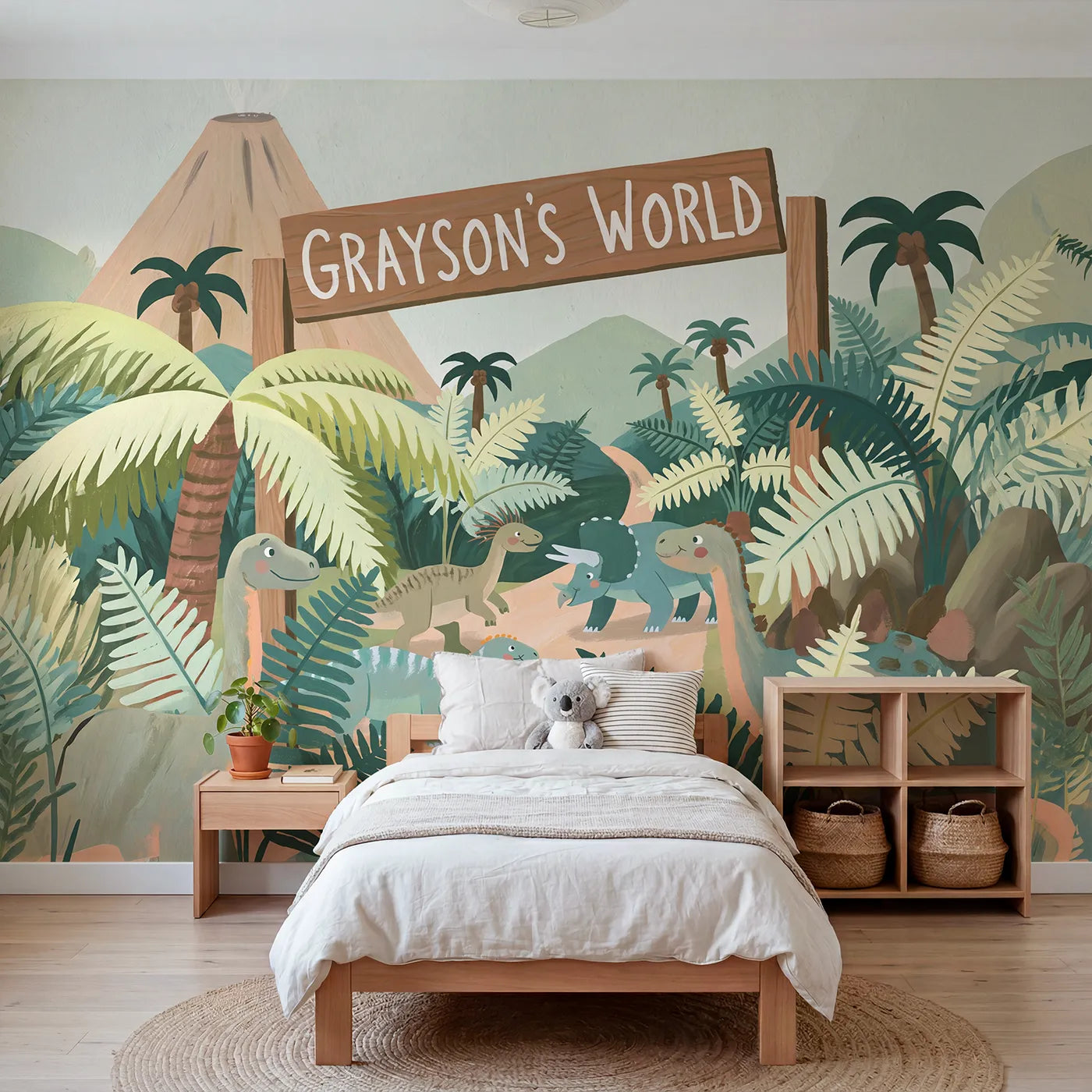 Modern Illustration dinosaur valley personalized wall mural with arch name by Whimsy Tots