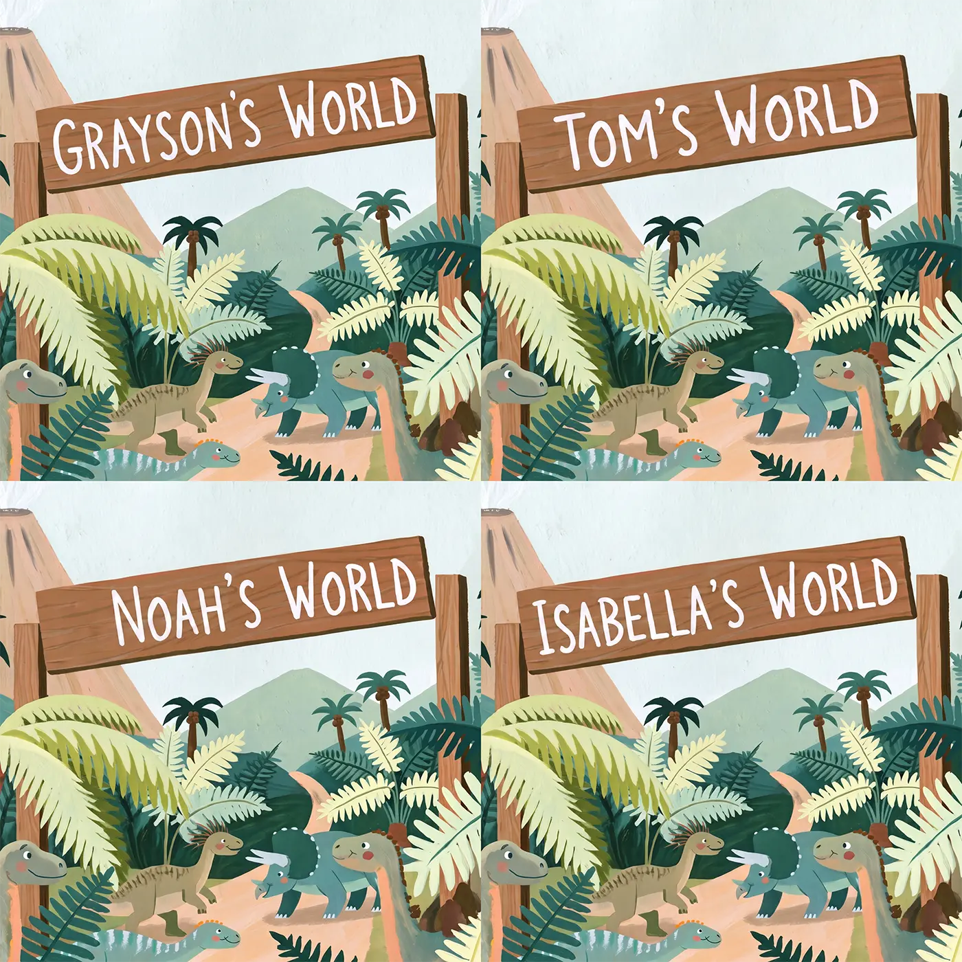 Four name preview examples of Dinosaur Valley World Personalized Wall Mural by Whimsy Tots