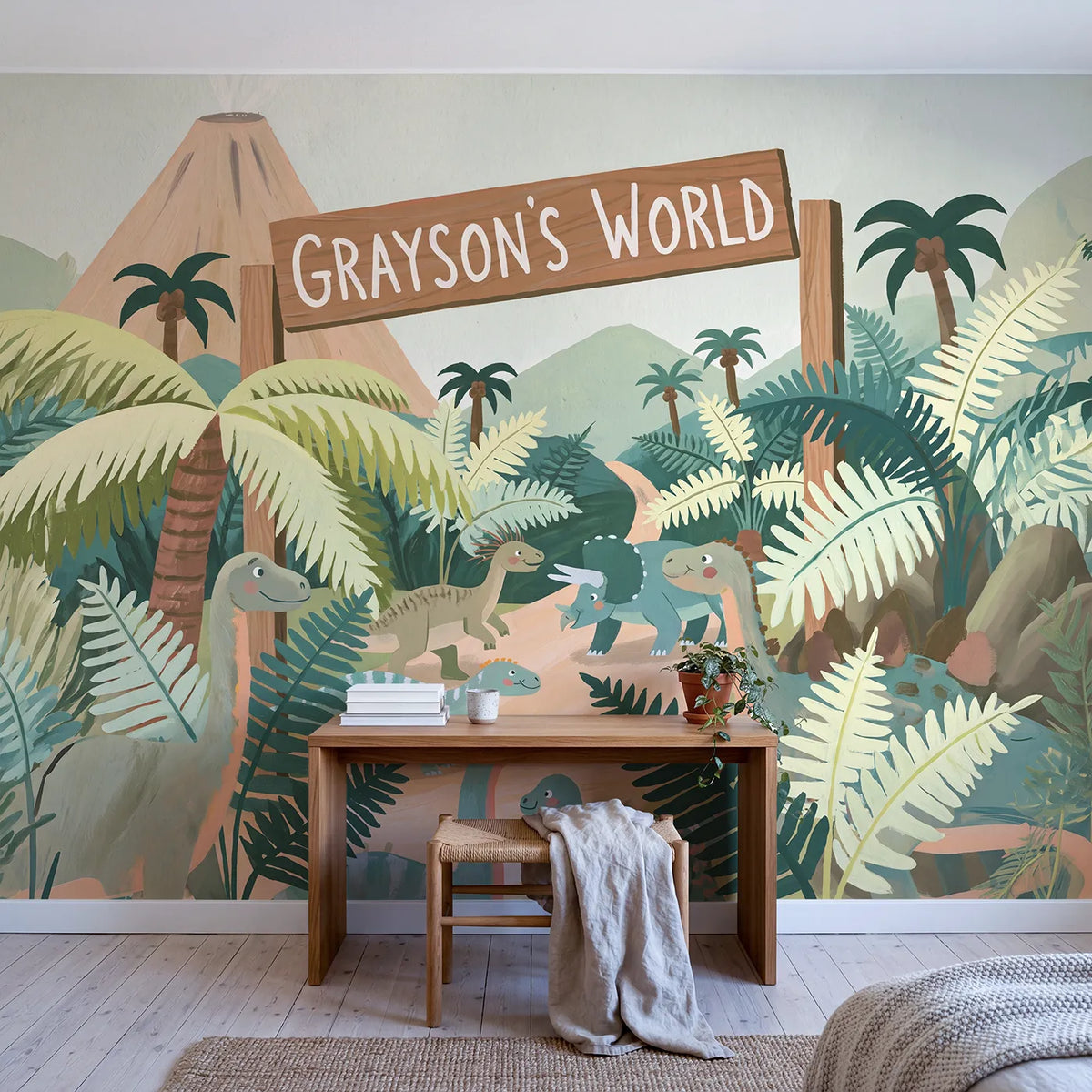 Dinosaur Valley World Personalized Wall Mural in playroom setting by Whimsy Tots