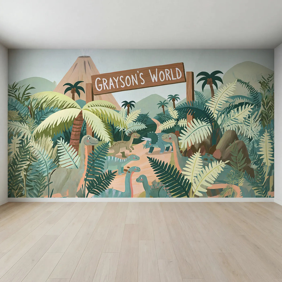 Full view of Dinosaur Valley World Personalized Wall Mural by Whimsy Tots