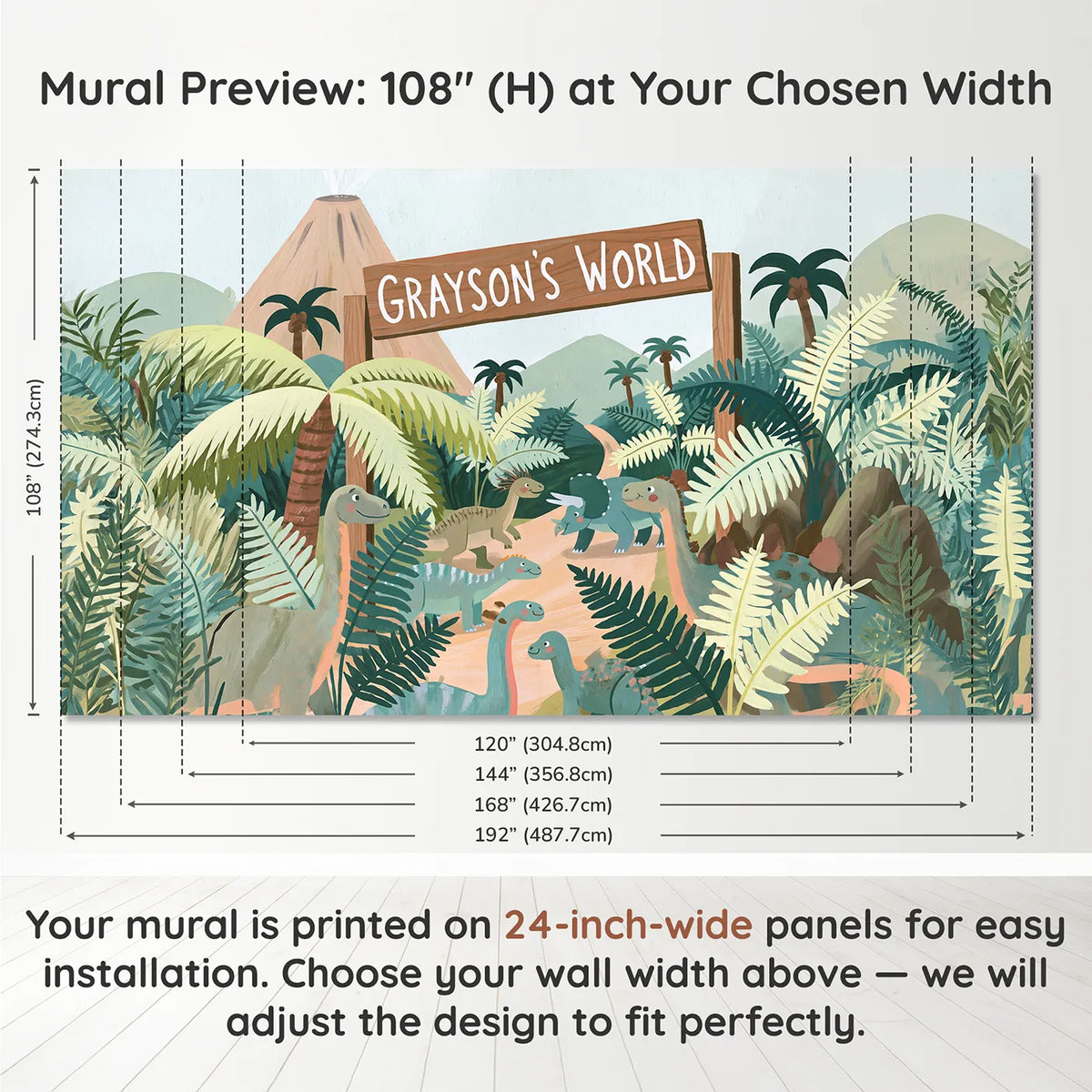 Panel layout and dimensions for Dinosaur Valley World Personalized Wall Mural by Whimsy Tots