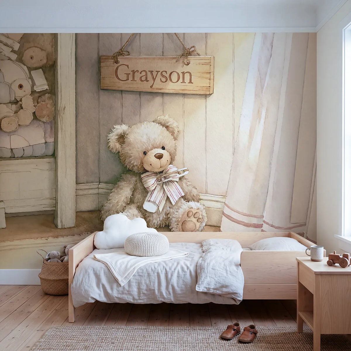 Storybook teddy bear personalized wall mural with name wall sign for nursery by Whimsy Tots