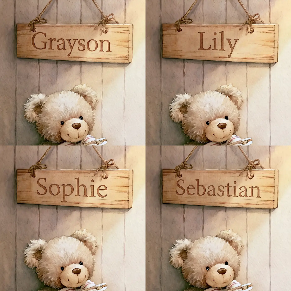 Four name preview examples of Teddy Bear Nursery Personalized Wall Mural by Whimsy Tots