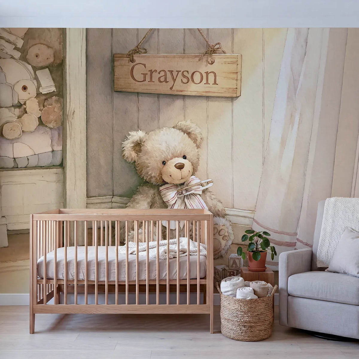 Teddy Bear Nursery Personalized Wall Mural in playroom setting by Whimsy Tots