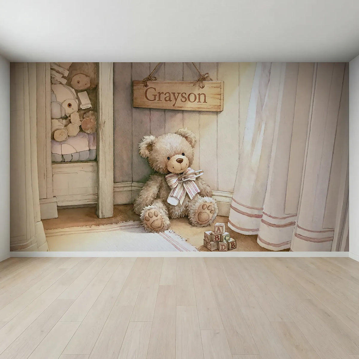 Full view of Teddy Bear Nursery Personalized Wall Mural by Whimsy Tots
