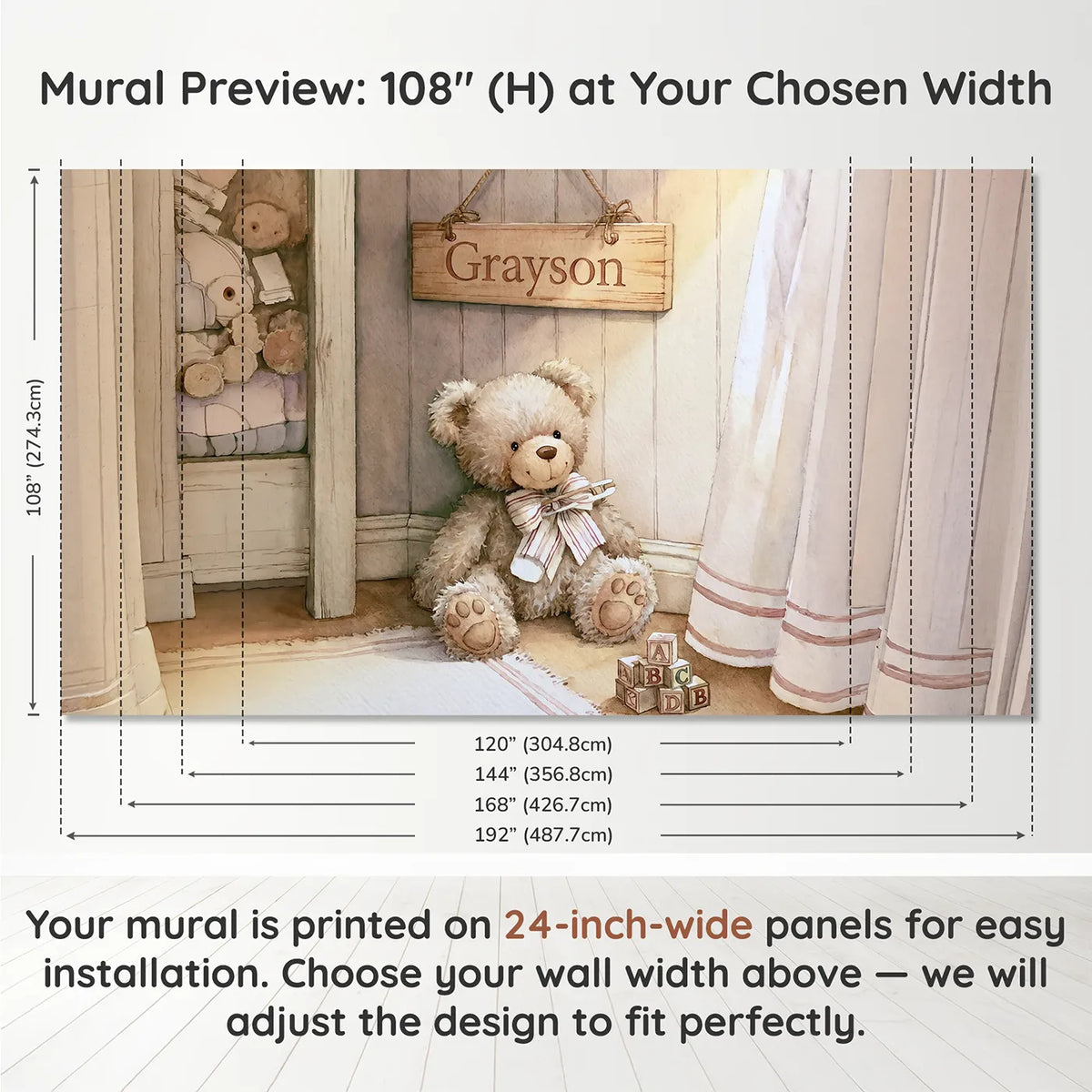 Panel layout and dimensions for Teddy Bear Nursery Personalized Wall Mural by Whimsy Tots