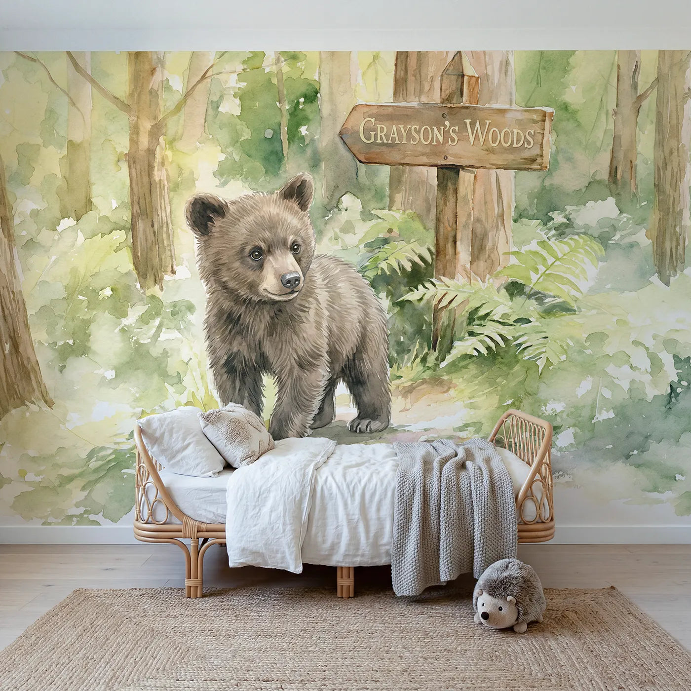 Watercolor bear cub forest personalized wall mural with name signpost for nursery by Whimsy Tots