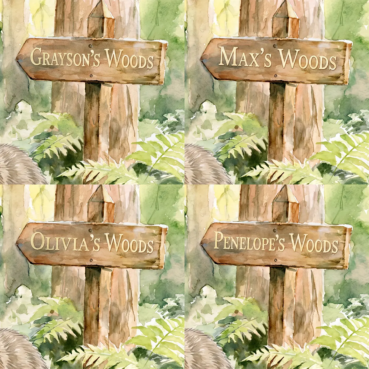 Four name preview examples of Brown Bear Cub Personalized Wall Mural by Whimsy Tots