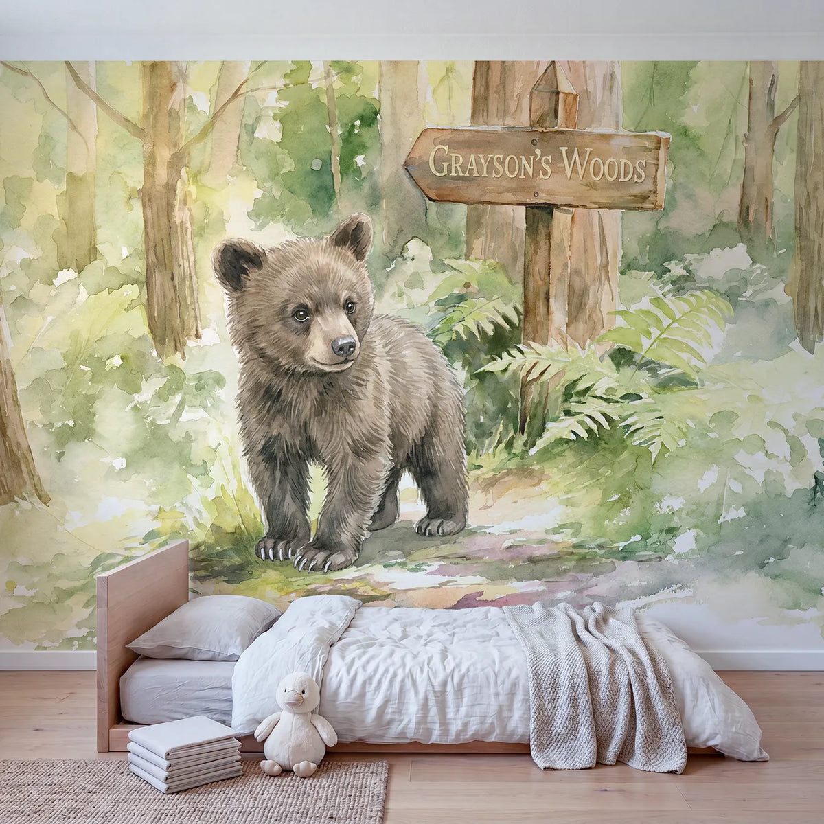 Brown Bear Cub Personalized Wall Mural in playroom setting by Whimsy Tots