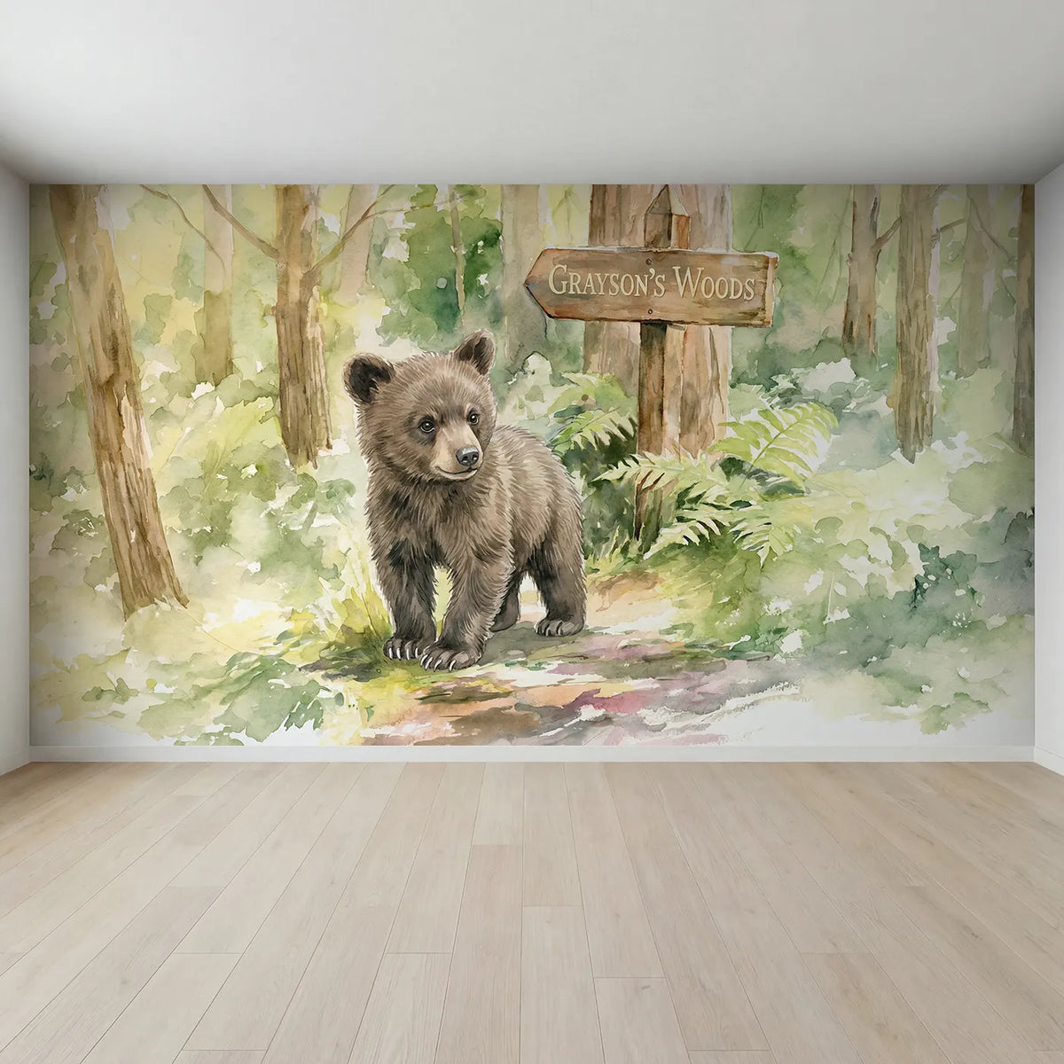Full view of Brown Bear Cub Personalized Wall Mural by Whimsy Tots