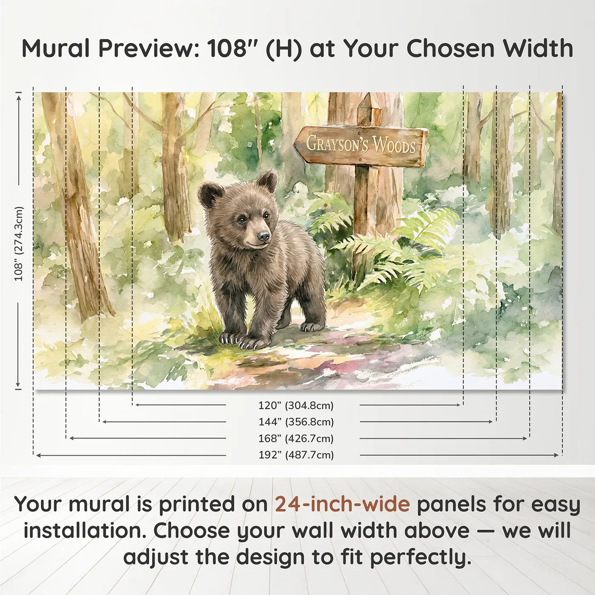 Panel layout and dimensions for Brown Bear Cub Personalized Wall Mural by Whimsy Tots