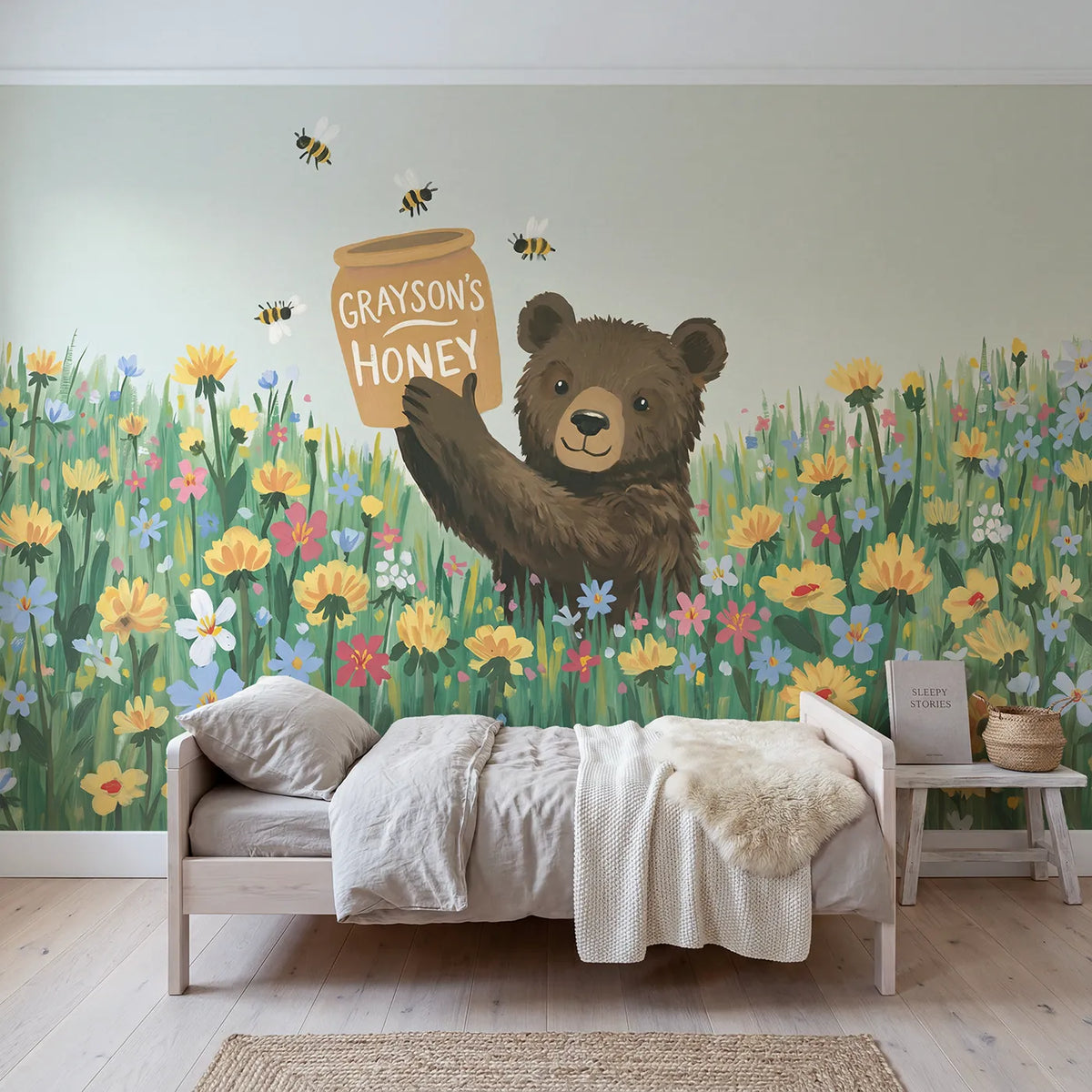 Modern Illustration bear honey pot personalized wall mural with name for toddler room by Whimsy Tots