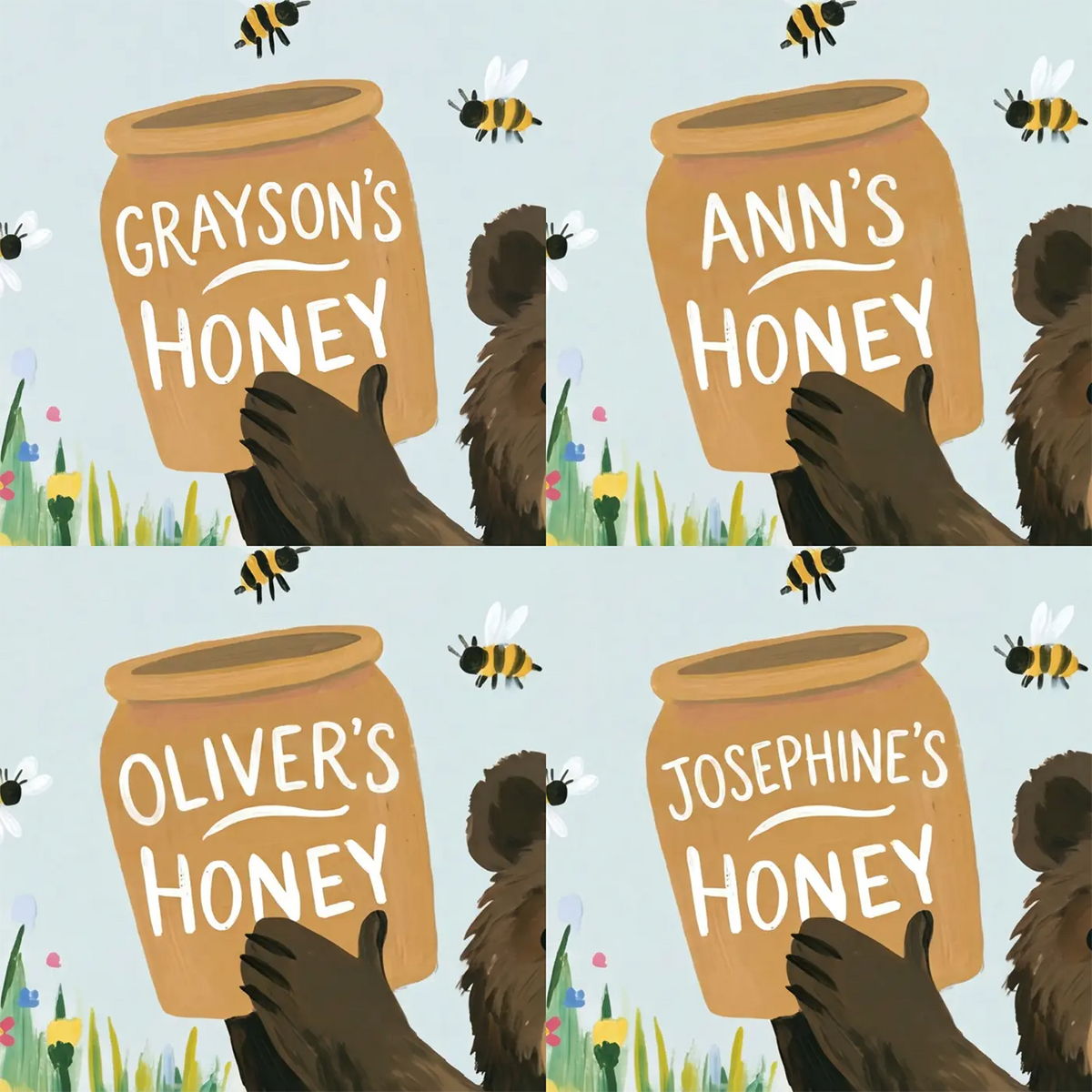 Four name preview examples of Honey Bear Pot Personalized Wall Mural by Whimsy Tots