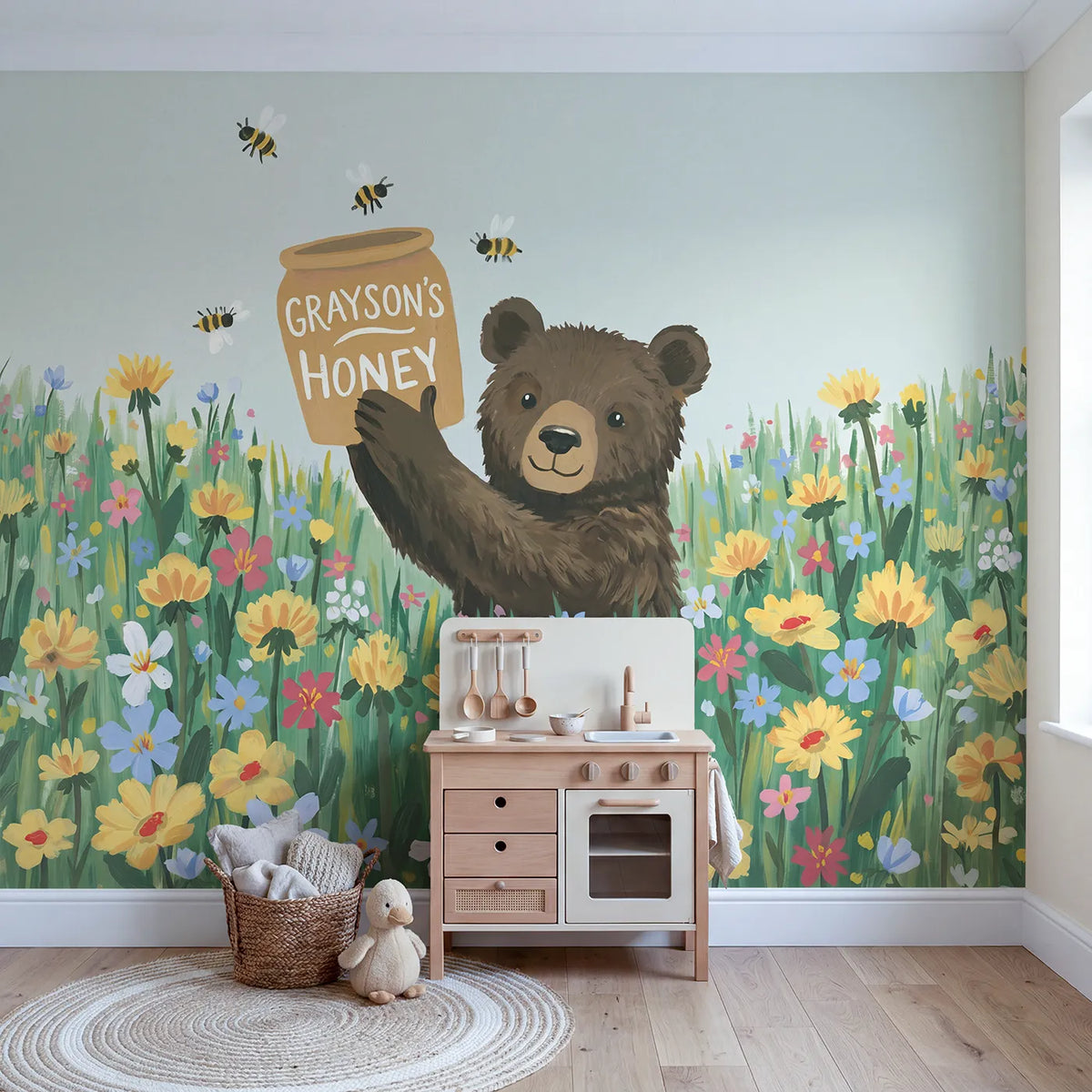 Honey Bear Pot Personalized Wall Mural in playroom setting by Whimsy Tots