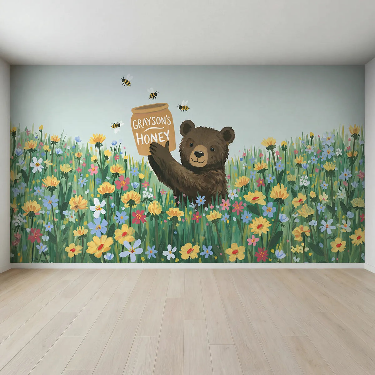 Full view of Honey Bear Pot Personalized Wall Mural by Whimsy Tots